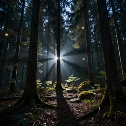 forest at night with floating lights by Diane Dillon