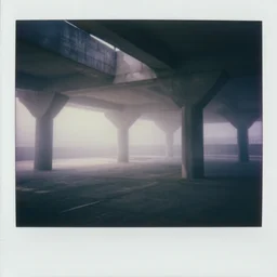 looking down into a massive concrete structure, foggy, megalophobia, old polaroid, expired film,