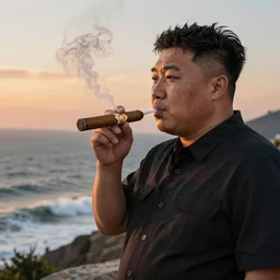 kim jong un smoking a cuban cigar!!! during sunset on a mountain, turbulent sea in the background, hyperrealistic!!!, high detail, side view, natural colors, anatomically correct, five fingers, unreal engine