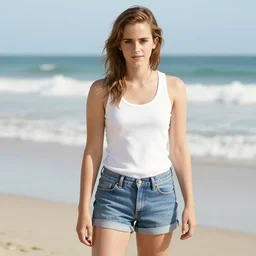 emma watson on a beach in shorts, hyper realistic