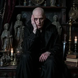 dark portrait f / 1. 4 of a thin neurotic forty two year old british man vampire feeling confidant in a cluttered room full of ancient artifacts ( ( ( bald ) ) ) dark dusty statues runes arcane instruments candlesticks drapery ritual bloody knife books atmospheric hdr