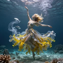 woman with golden hair dancing underwater wearing a long flowing dress made of many translucent layers of silver and gold lace seaweed, bolts of bright yellow fish, delicate coral sea bottom, swirling silver fish, swirling smoke shapes, unreal engine, caustics lighting from above, cinematic, hyperdetailed