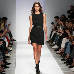 a photograph of a female model on the catwalk, hyper realism, paparazzi, beautiful, full body shot, professional photography, 8 k