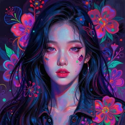 portrait of park min young, hyper detailed masterpiece, neon floral pattern, jean giraud, digital art painting, darkwave goth aesthetic, psychedelic, artgerm, donato giancola and tom bagshaw