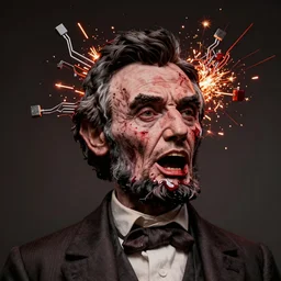 uhd hyperrealistic photorealisitc hyperdetailed detailed abraham lincoln head exploding, puking blood, screaming, with sparking circuits, studio lighting, by ayami kojima amano karol bak, greg hildebrandt and mark brooks
