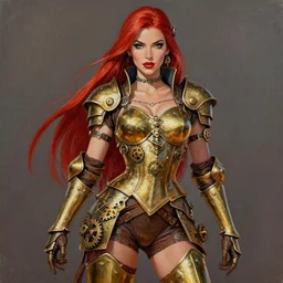 Steampunk Pin-up girl, alluring, latina skin, red hair, long straight hair, fully armor, brass colored armor, gears, posing, trending on artstation, artstationHD, artstationHQ, acrylic painting