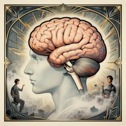 ( ( dither ) ), editorial illustration the human brain vs the computer brain, modern art deco, ( ( mads berg ) ), christopher balaskas, victo ngai, detailed, dynamic composition, wide angle, matte print, art nouveau, karolis strautniekas, fog