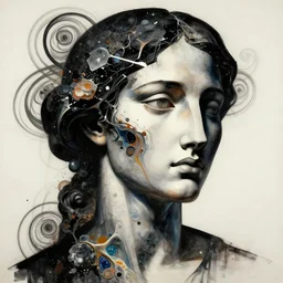 epic concept art. abstract female face silhouette mixing with black and color liquid fluid, minerals. abstract shattered sculpture. art deco swirls. masterpiece, michelangelo. concept art, matte painting. greg rutkowski, wlop, victo ngai, kandinski