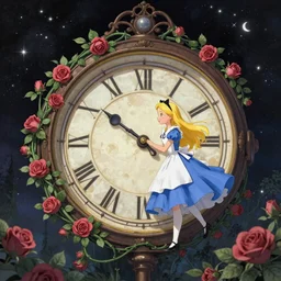Alice in Wonderland,Clock,Rose twining,out of time and space,dreamy, eternity, romantic,highly detailed,in the style of James jean, Miho Hirano, Rebecca guay, night lighting