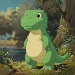 a green anthropomorphic dinosaur, art by studio ghibli, adorable and whimsical, oil on canvas, cinematic, ornate detail