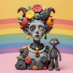 portrait of a trickster nature spirit, undead, head made of fruits and jewels and flowers in the style of guiseppe arcimboldo, philip taaffe, chris ofili, pop art, action figure, clay sculpture, claymation, gray and yellow and pink, rainbow stripe background