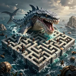 wimmelbilder maze made ocean pirates attack kraken, isometric, very sharp, high contrast