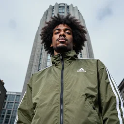 photograph of a black man with afro hair and stubble wearing an adidas army green jacket ( ( ( the size of a tower ) ) ), looming over dublin