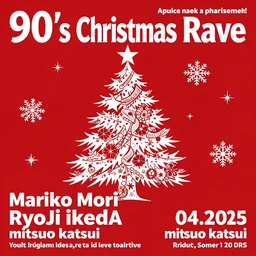 flyer for a 9 0 s christmas rave, by mariko mori, ryoji ikeda, mitsuo katsui