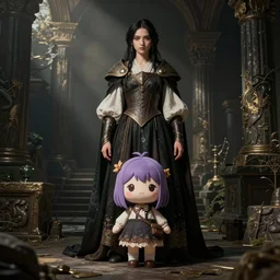 master shadow and light composition, costume design from asgaard designers, sophisticated composition, old masters light composition, procedurally generated, kawaii girl character posing for concept art, ancient ruins behind, substance designer, PBR, HD, Ultra detailed, hyperrealistic, megascans, volumetric light, concept by master artist, made in paint tool SAI2, trending pixiv face