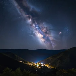 a beautiful double exposure of a deep field astrophotography image by hubble and a night time landscape with mountains and a village