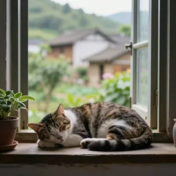 photorealistic imagery of sleeping cat on window, inside house in village, plants