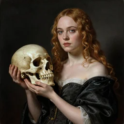 Elle Fanning holding a skull in space, artstation, by J. C. Leyendecker and Peter Paul Rubens, Extremely detailed. 4K. Award winning.