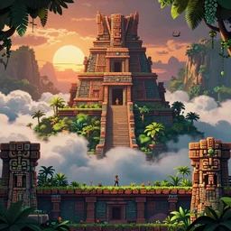 way up the tower to the majestic ancient mayan temple jungle forest realm in the clouds , side-scrolling 2d platformer game level, swirling clouds, fantasy jungle vegetation, totem ruins with intricate mayan glyphs, dramatic dusk sun illuminates areas, volumetric light , detailed carved ornaments, rich color, upscale , 8k
