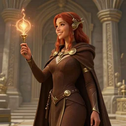 sideview of a dnd young priestess in the ornamental stone temple, earth attuned, brown robes, skintight, cloak, beautiful, light brown skin, red hair, happy, metallic brass accessories, spellcasting, high fantasy, detailed face, highly detailed, sharp focus, smooth, digital illustration, by clyde caldwell