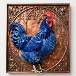 beautiful regal blue chicken hen centered, artwork by james jean, hyper detailed realistic smooth polished porcelain, jean delville, art nouveau, gustav klimt, ornate copper patina gothic icon, james jean, ultrasharp hyperdetailed photorealistic octane render