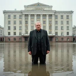 7 0 s movie still of an old manstanding in a soviet stalinist style palace flooded in water, eastmancolor, heavy grain, high quality, high detail