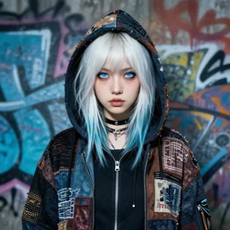 highly detailed portrait of a sewer punk lady student, blue eyes, patchwork hoodie, white hair by atey ghailan, by greg rutkowski, by greg tocchini, by james gilleard, by joe fenton, by kaethe butcher, gradient blue, black, brown and cyan color scheme, grunge aesthetic!!! ( ( graffiti tag wall background ) )