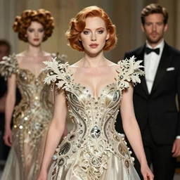 Christina Hendricks wearing epic haute couture by Alexander McQueen, extremely beautiful and proportionate face, in the aesthetic of mert and marcus,  masterpiece, intricate, elegant wardrobe, highly detailed, digital painting, artstation, concept art, smooth, sharp focus, illustration, art by artgerm and james jean and greg rutkowski and alphonse mucha