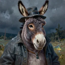 Portrait donkey Eeyore from disney cartoon as old fisherman in storm jacket and hat, oil painted, kid book illustration