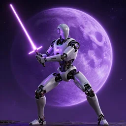 humanoid robot wielding lightsaber in front of a violet planet in the sky, unreal engine, featured on cgsociety, trending on artstation, detailed, scifi futuristic character concept, simon stalenhag, movie still, octane render, hubble telescope, violet planet, stars, hyperrealistic, cinematic, by weta digital, epic action pose, fighting stance