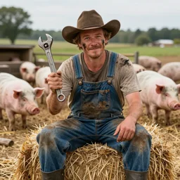 a goofy looking redneck man, wearing overalls sitting on a haybail during a hayride holding a wrench, he is dirty and covered in grease, there are a lot of pigs in the background graising.