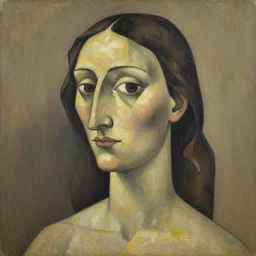 a cubism extremely detailed masterpiece painting of a female with one triangular eye one trapezoid eye one side view of a nose a heat shaped elongated mouth at an angle a sharp jaw and no ear on the same canvas plane, in the style of georges braque, muted brown yellow and blacks