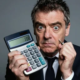 dramatic photo of rowan atkinson holding an calculator and struggling to use a casio calculator calculator calculator, close up