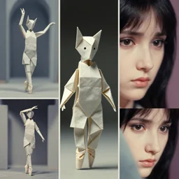 beautiful three point perspective film still of funky pop origami cyborg character study scene in merce cunningham, extreme closeup portrait in style of frontiers in blade runner miniature photography fashion architectural art studio seinen manga edition, porcelain holly herndon statue, pointe pose, tilt shift background, soft lighting, kodak portra 4 0 0, 8 k, macro, cinematic style by emmanuel lubezki
