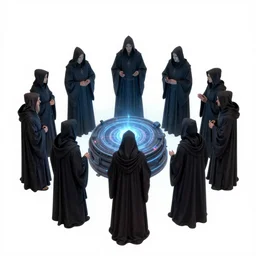 a dark cabal of multiple hooded elven mystics in long dark robes gathered in a circular formation around a quantum computer, dan seagrave art, michael whelan, artstation, cgsociety