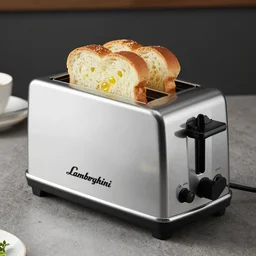 a lamborghini brand toaster, sliced bread in slots, professional product shot