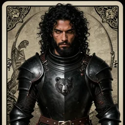 portrait of a sexy male warrior in simple black plate armor, scars, bear motif, face details, black curly hair, beard, dark skin, honey eyes, badass, daddy, dark fantasy, sharp focus, award - winning, masterpiece, highly detailed, intricate, by rebecca guay, rossdraws, tarot card border