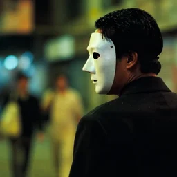 style of wong kar - wai, background blur, a view of a killer's back figure viewed from behind, with mask, nighttime, cinematic, movie scene, high details, vivid