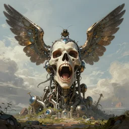Death is swallowed up in victory, very detailed and beautiful face, screaming, mechanical bird, mechanical butterfly, artwork by artgerm, centered shot, wide angle, full body, islandpunk, solarpunk, DD, fantasy, highly detailed, digital painting, artstation, smooth, sharp focus, art by thomas kinkade and Stephan Martiniere and Kevin Swartz