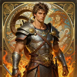 ruggedly handsome brazilian male warrior with a great ram by artgerm, greg rutkowski, mucha, mars halo, digital oil paining art nouveau. gloomhaven. ornate intricate detail, complimentary fire colors. sharp edges. clear detailed. 8 k. elegance