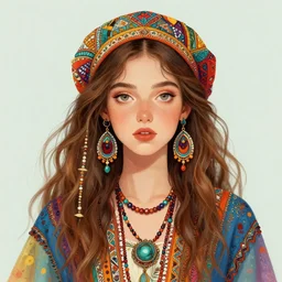 colorful illustration of bohemian girl, artistic, eclectic, highly detailed, digital painting, concept art, smooth, sharp focus, illustration, art by picasso