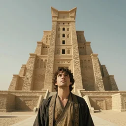 cinematic still looking up at the tower of babel, epic, Akkadian architecture, desert background