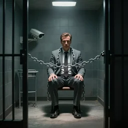 Saul Goodman chained in an asylum room, claustrophobic, security camera recording