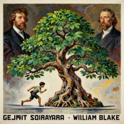 bonsai tree creature scavenger running on thin blade, monumental painting by gerrit van honthorst and hajime sorayama and william blake, illusion surreal art, highly conceptual figurative art, intricate detailed oil illustration, controversial poster art, polish poster art 1 9 8 0
