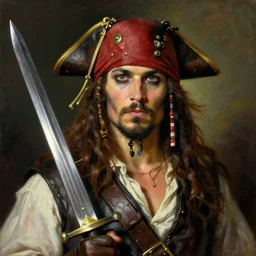 Painting by Greg Rutkowski of a Pirate with a sword