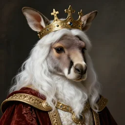 Renaissance portrait of a kangaroo wearing a crown with White Hair and white beard, fantasy art, illustration, epic, fantasy, intricate, hyper detailed, artstation, concept art, smooth, sharp focus