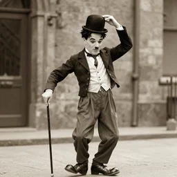 Charlie Chaplin dancing, with hat and cane, moustache, 1920s vibes, sepia