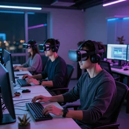 Remote Workers in a neon-lit office connected by VR Helmets, surrounded by cables and monitors.