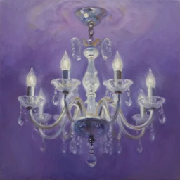oil painting of a chandelier swinging to the foreground of the painting, dynamic movement, purple background