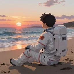 beautiful, detailed digital painting of an astronaut sitting on the beach looking at the sunset, anime by Makoto Shinkai, sand, waves, trending on artstation